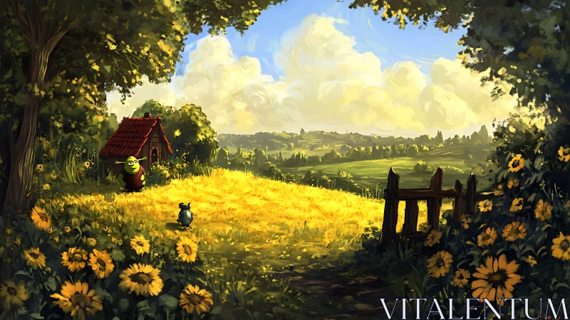 Ogre cottage overlooks sunlit sunflower meadow and valley
