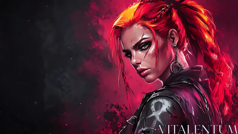 Scarlet punk sorceress smolders in neon-stained shadows.