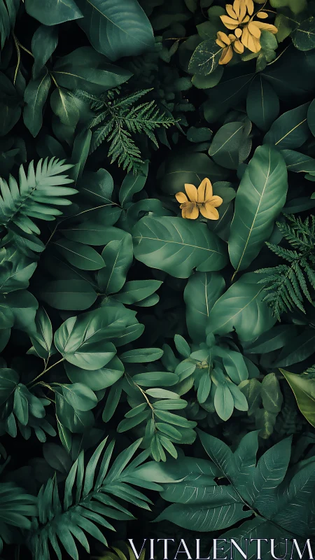 Dark tropical foliage with yellow accent leaves overhead.