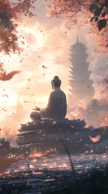 Serene Buddha statue overlooks misty pagoda at sunrise.