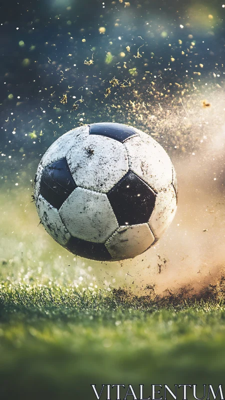 Mud-splattered soccer ball in dynamic mid-air motion.