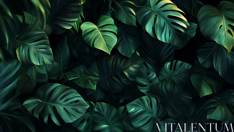 Monstera jungle leaves glow with deep emerald contrast.