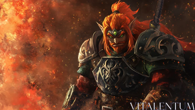 Flame-lit armored elf warrior amid burning battlefield.