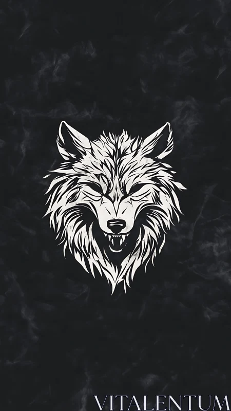 Stylized wolf head emblem contrasts against dark marble