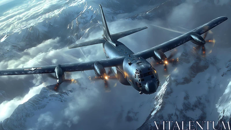 Heavy bomber aircraft cuts through frozen alpine combat airspace