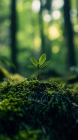 Macro forest seedling on moss with shallow depth of field