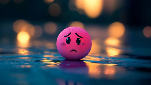 Melancholic neon emoji sphere on wet reflective pavement at dusk.