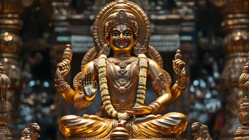 Radiant golden deity statue glowing with calm, gentle grace.
