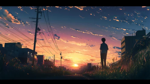 Silhouetted figure observes urban sunset over low buildings