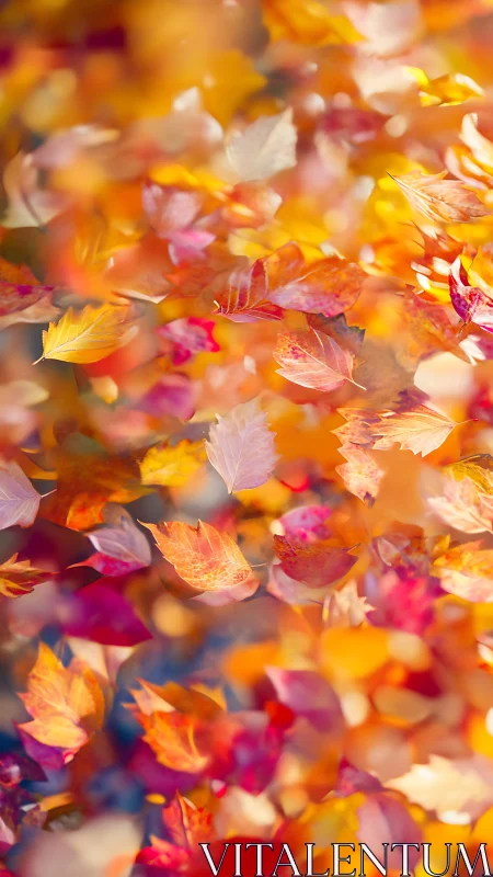 Autumn leaf confetti swirling in soft golden afternoon light.