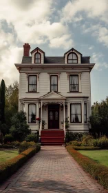 Victorian two-story villa with red steps and manicured garden.