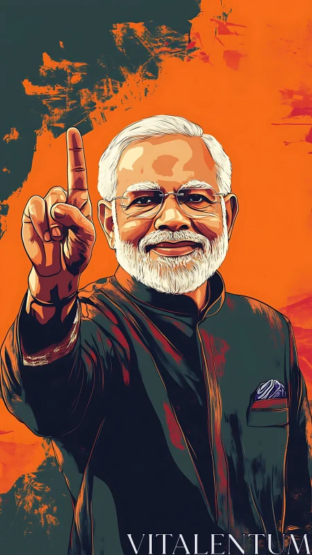 Smiling elder statesman raises index finger against orange field