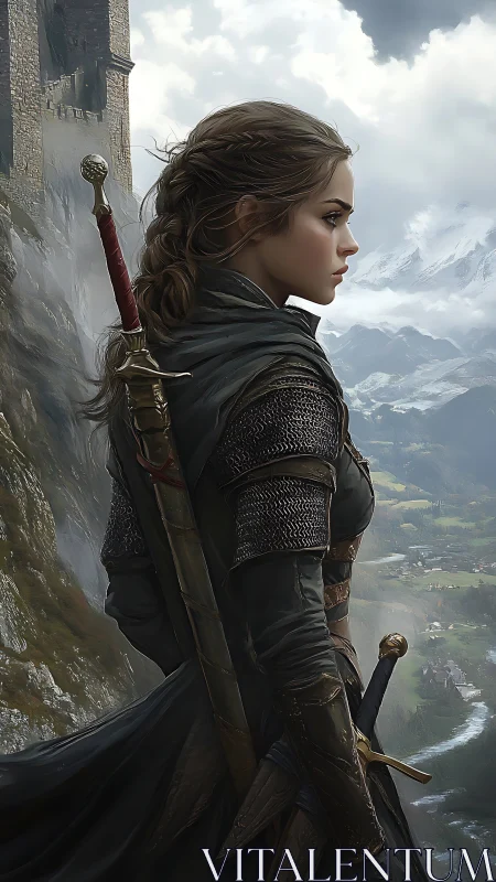 Armored ranger with twin swords on cliffside castle rampart