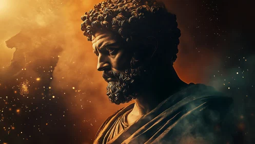 Stone bearded bust rendered against glowing cosmic cloud