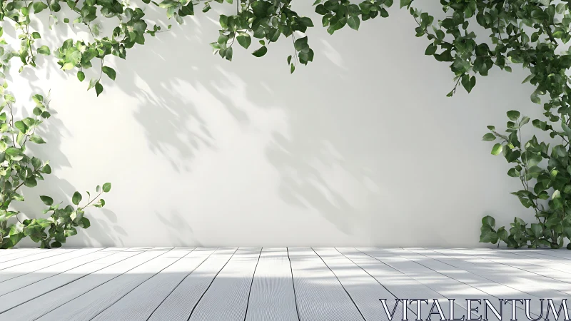 White wooden floor with green ivy frame and blank wall.