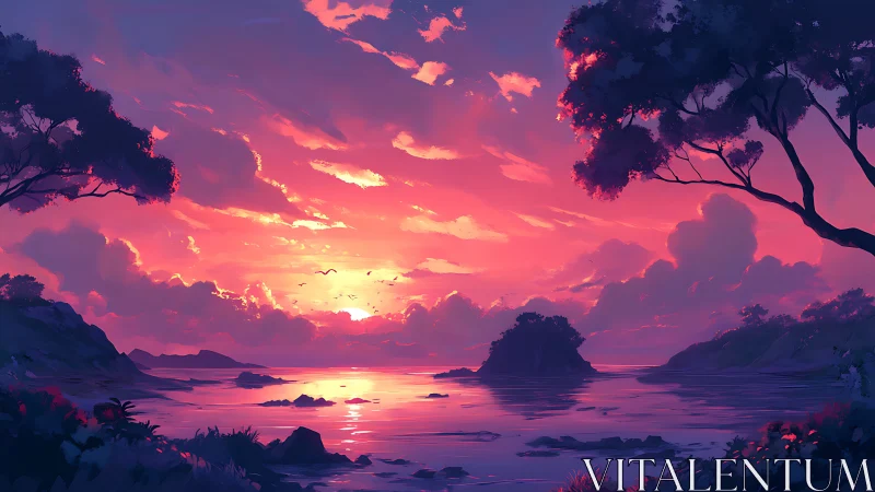 Chromatic coastal sunset with volumetric clouds and silhouettes.