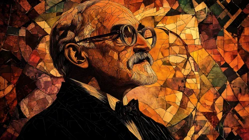 Elder thinker crowned in stained glass geometry and ember light.