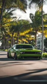 Lime green muscle car cruises under sunlit palm trees.
