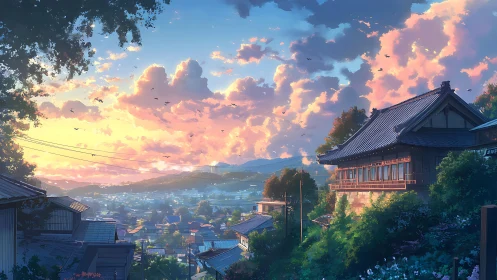 Gentle hilltop sunset over a quiet Japanese village street.