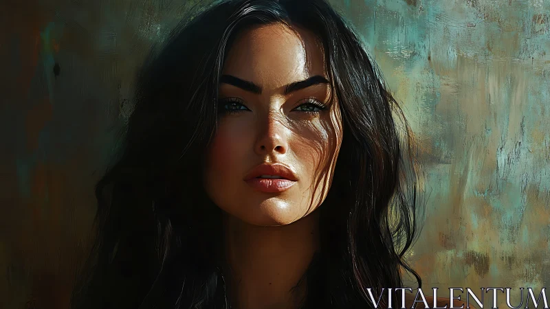 Sunlit brunette portrait with textured abstract backdrop.