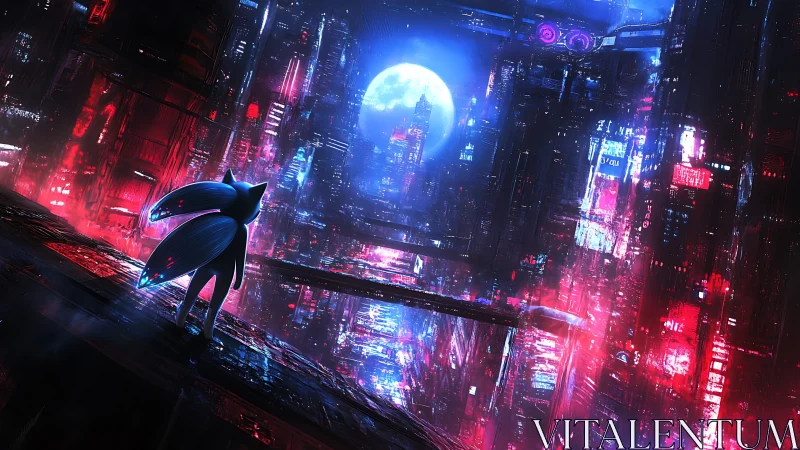 Neon-soaked blue hero surveys a towering cyberpunk megacity