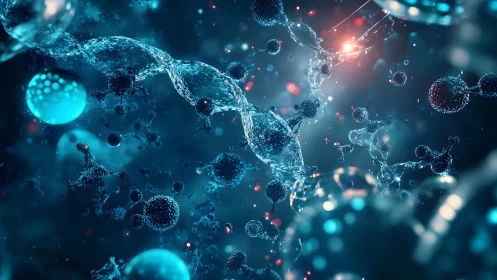 Futuristic DNA Helix and Molecules in Blue Sci-Fi Digital Art.