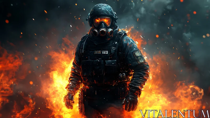 Armored soldier in flames amid dark battlefield inferno.