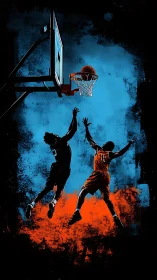 Silhouetted basketball duel captures tense scoring moment