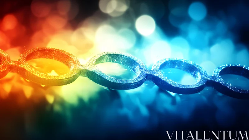Glittery chain links in rainbow bokeh light, abstract macro art.