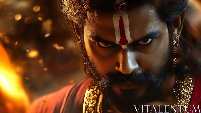 Warrior close-up with sacred mark in fiery dramatic light.