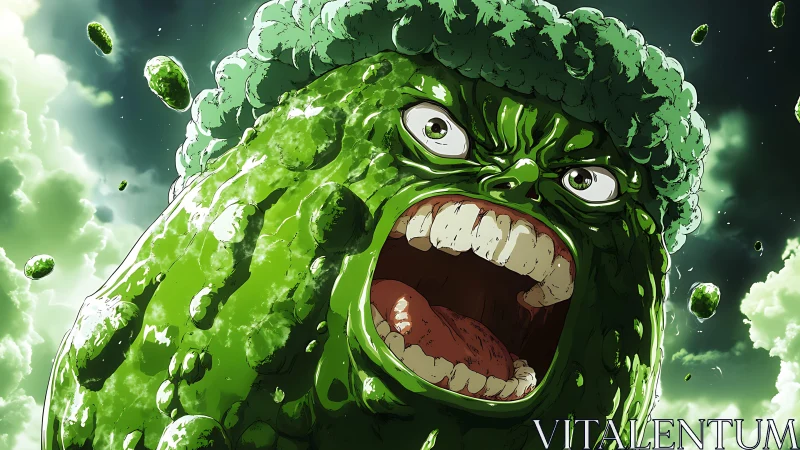Enraged broccoli titan explodes through stormy green sky.