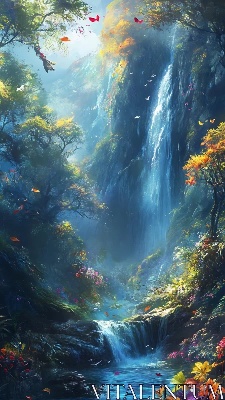 Luminescent cascade in chromatic forest ravine ecosystem.