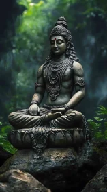 Serene stone deity statue seated in lush green forest.