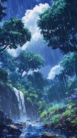 Rainfall pours over dense forest, waterfall, and stream