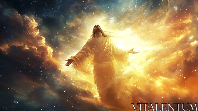 Luminous robed figure ascending through stellar nebulae and light