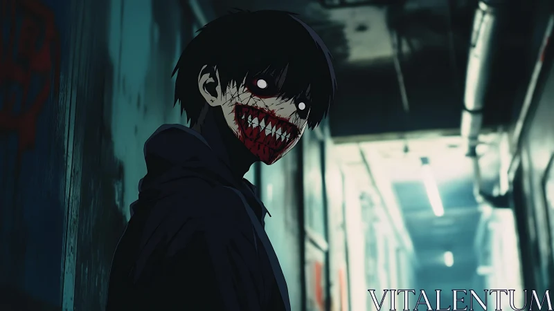 Horror anime figure with mutilated jaw in fluorescent alleyway