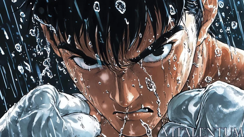 Intense anime boxer under dynamic rainfall, close-up portrait.