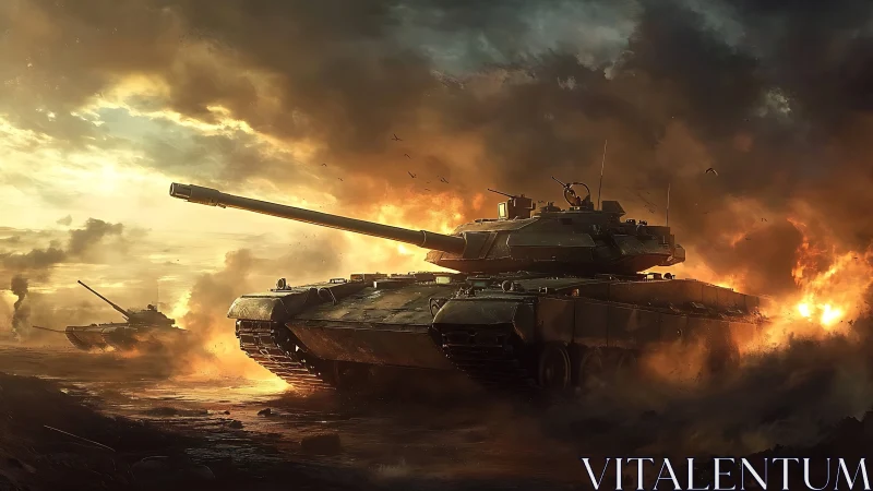 Modern main battle tanks advancing through fire and smoke.