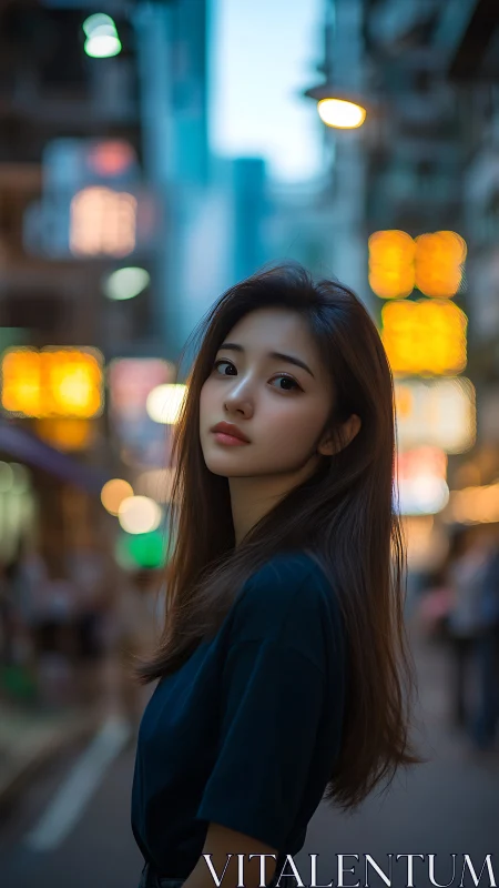 Urban twilight portrait with soft bokeh city lights backdrop.
