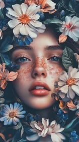 Rendered female face is framed by dense surrounding flowers