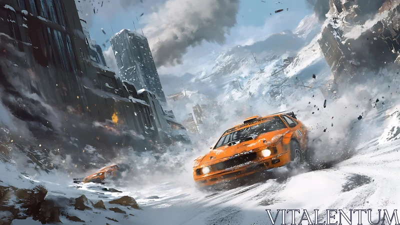 Digital painting of orange rally car in tilted snowbound cityscape.