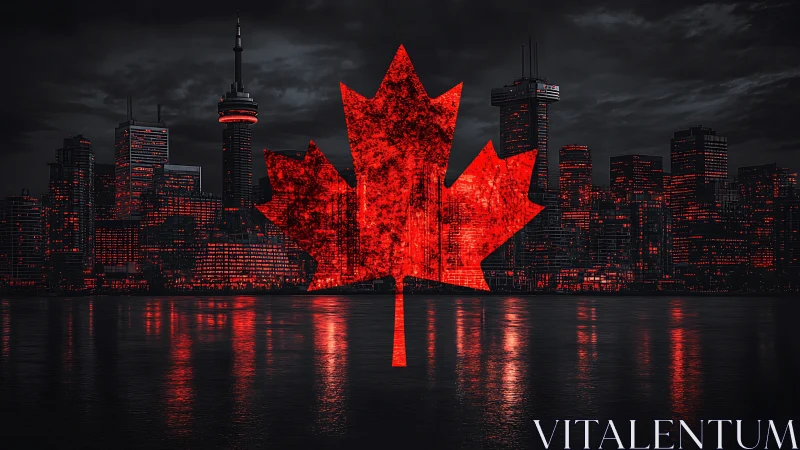 Bold red maple leaf glowing over a proud Canadian skyline.