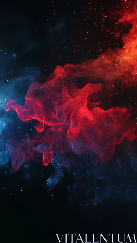 Nebulous red smoke collides with cool blue vapor in darkness