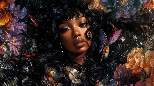 Digital portrait merges floral bloom and luminous beauty.
