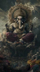 Divine Ganesha idol sits enthroned amid ornate gold carvings