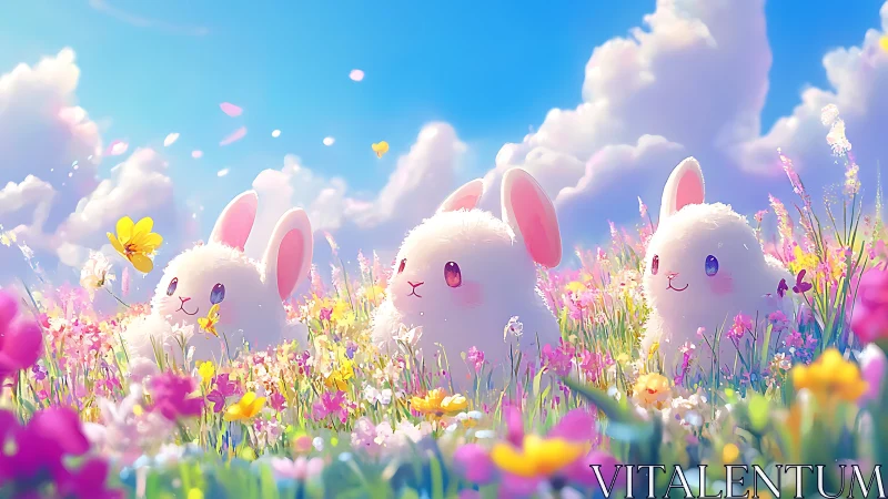Fluffy pastel bunnies in luminous wildflower meadow dreamscape.