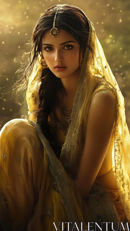 Golden glow around a serene woman in traditional attire.