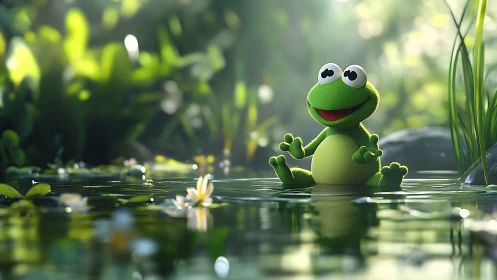 Cheerful pond frog practices joyful stillness in soft sunlight