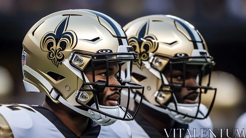 Side-profile closeup of two gold fleur-de-lis football helmets