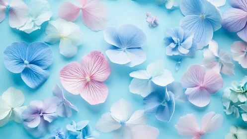 Delicate flower petals arranged on soft turquoise background